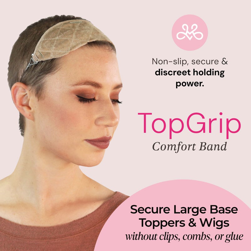 MILANO COLLECTION Glueless Top Grip for Hair Topper & Wiglets, Adjustable Translucent Strap with Side Openings, Top Headband for Your Wig or Topper, Includes Clips, Beige, Large - Image 2